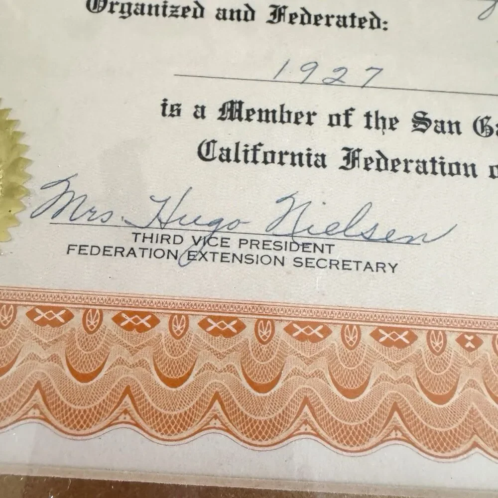 CFWC Certificate Woman's Club Montebello Park Framed Gold Seal Ribbon Vintage